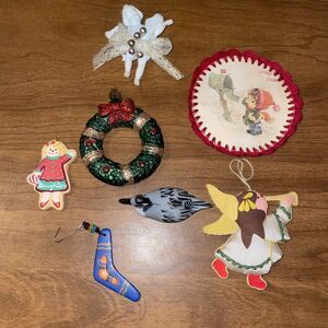 Lot 7 Assorted Christmas Ornaments Wreath Duck Angels Boomerang
